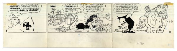 ''Li'l Abner'' Sunday Strip Hand-Drawn by Al Capp From 13 January 1974 -- Featuring Mammy Yokum & Senator Phogbound -- With Sketches to Verso -- 29'' x 23'' On Three Separated Strips