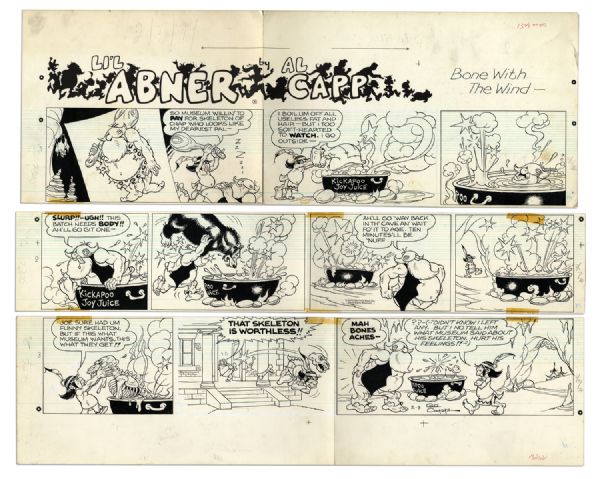 ''Li'l Abner'' Sunday Strip Hand-Drawn by Al Capp From 3 February 1974 -- Featuring Hairless Joe & Lonesome Polecat  -- 29'' x 23'' On Three Separated Strips -- Very Good