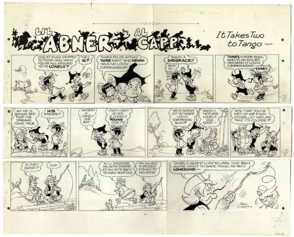 ''Li'l Abner'' Sunday Strip Hand-Drawn by Al Capp From 1 April 1973 -- Featuring Honest Abe -- With Sketches to Verso -- 29'' x 23'' On Three Separated Strips -- Very Good