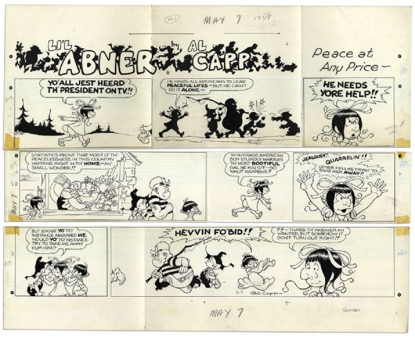 ''Li'l Abner'' Sunday Strip Hand-Drawn by Al Capp From 7 May 1972 -- Featuring Honest Abe -- 29'' x 23'' On Three Separated Strips -- Very Good