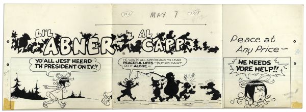 ''Li'l Abner'' Sunday Strip Hand-Drawn by Al Capp From 7 May 1972 -- Featuring Honest Abe -- 29'' x 23'' On Three Separated Strips -- Very Good