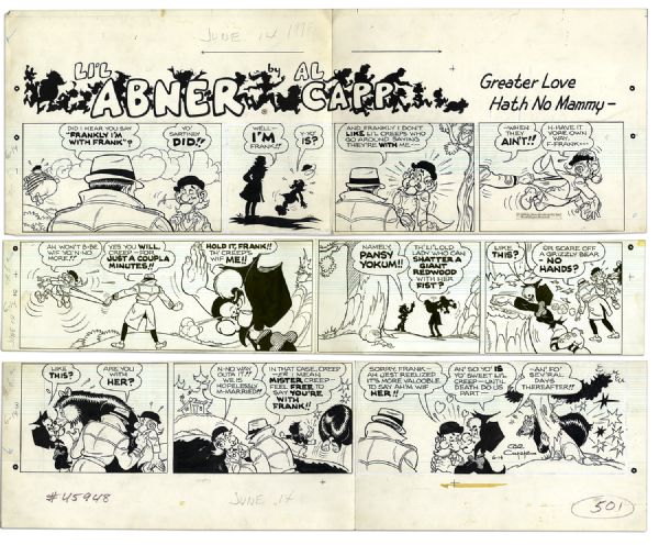''Li'l Abner'' Sunday Strip Hand-Drawn by Al Capp From 19 July 1959 -- Featuring Mammy & Pappy Yokum -- With Sketches to Verso -- 29'' x 23'' On Three Separated Strips -- Very Good