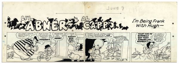 ''Li'l Abner'' Strip Hand-Drawn by Capp, Who Adds Sketch to Verso -- 7 June 1970 -- Mammy, Pappy & Hugh Heifer -- 3 Segments, Largest 29'' x 10.25'' -- Toning, a Tear & Creasing, Very Good