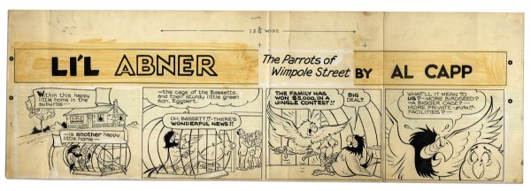 ''Li'l Abner'' Sunday Strip Hand-Drawn by Frank Frazetta & Al Capp From 29 October 1959 -- Featuring The Parrots of Wimpole Street -- 29'' x 9.75'' -- Toning, White Out & Creasing, Very Good