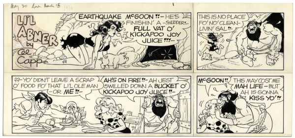 ''Li'l Abner'' Sunday Strip Hand-Drawn by Al Capp -- 30 May [1976] -- Featuring Abner, Daisy Mae, Moonbeam McSwine & Earthquake McGoon -- 22'' x 10.25'' -- Taping, Creasing, Very Good