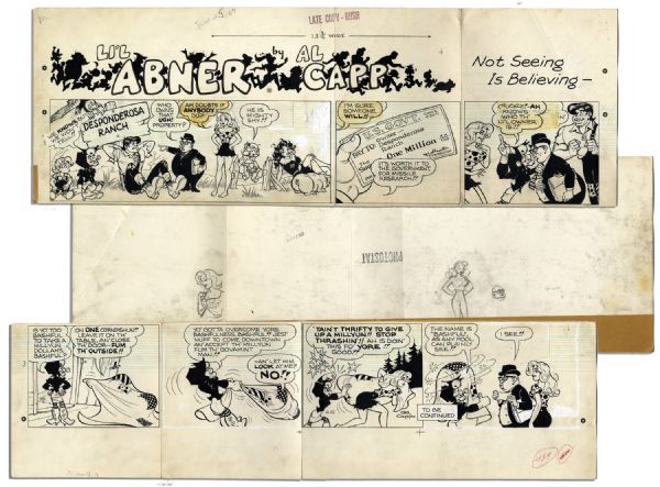 ''Li'l Abner'' Sunday Strip Hand-Drawn by Al Capp From 25 June 1967 -- Featuring Li'l Abner, Daisy Mae, Mammy, Pappy, Honest Abe, Moonbeam McSwine, Bashful Yokum -- 29'' x 17.75'' -- Very Good