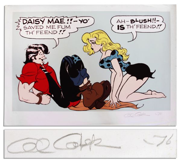 Giant ''Li'l Abner'' Poster -- Abner Tells Daisy Mae She Saved Him From ''Th' Feend'' -- Labeled ''EA 16/30'' & Signed ''Al Capp '76'' in Pencil -- Measures 44'' x 31.5'' -- Near Fine