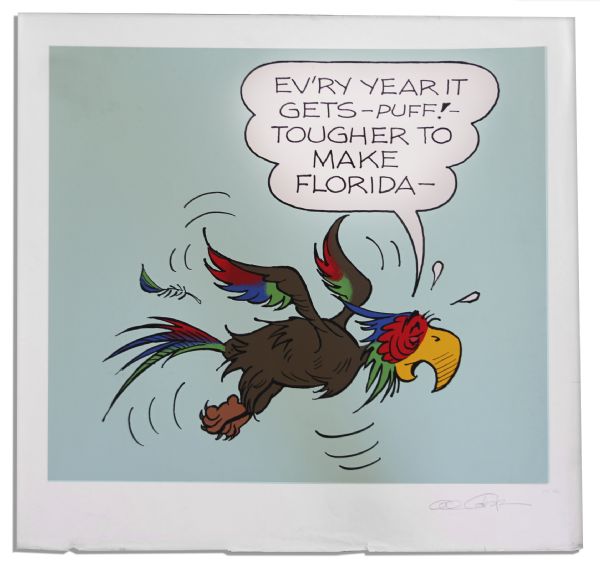 ''Li'l Abner'' Poster -- The Parrot Says, ''Ev'ry year it gets tougher to make Florida'' -- Labeled ''EA 1/30'' & Signed ''Al Capp'' in Pencil -- Measures 33'' x 31.5'' -- Small Tear to Border