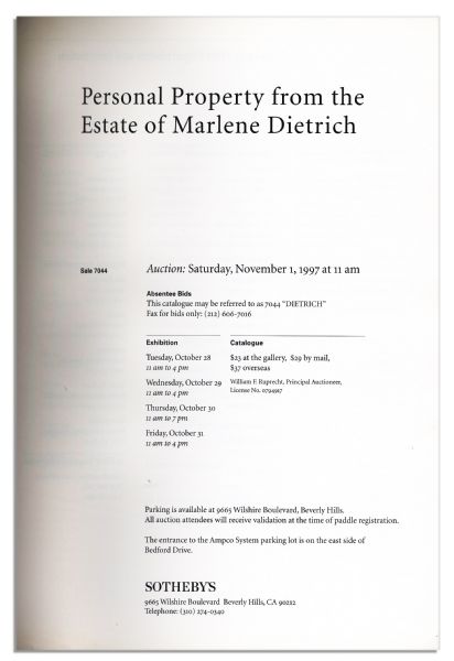 The Sotheby's Catalog From Their 1997 Auction of The Personal Property Estate of Marlene Dietrich