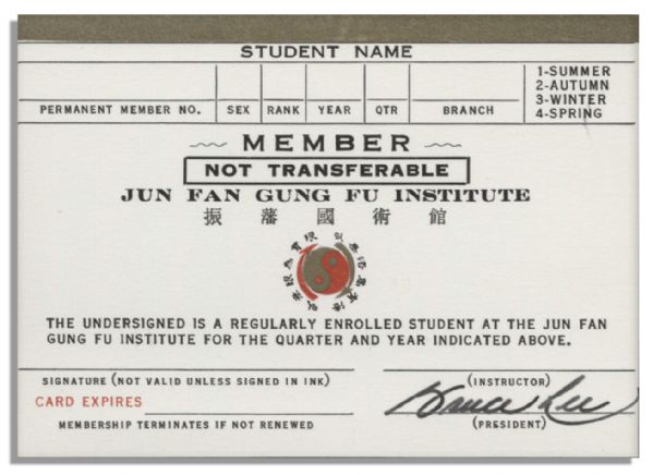 Bruce Lee Signed Membership Card From His First Martial Arts School in Seattle, The Jun Fan Gung Fu Institute