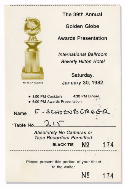 Golden Globe Awards Ticket & Program From The 39th Annual Ceremony in 1982