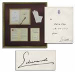 Elegantly Framed Archive of Wallis Simpson & Prince Edward Items -- Including an Inscribed Note Signed by Edward & Wallis Simpsons Personally Owned Glove