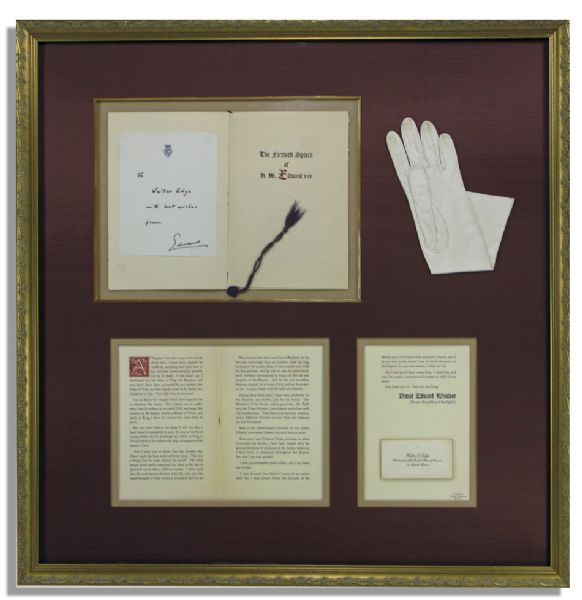 Elegantly Framed Archive of Wallis Simpson & Prince Edward Items -- Including an Inscribed Note Signed by Edward & Wallis Simpson's Personally Owned Glove