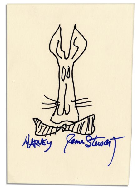 Jimmy Stewart Signed Sketch of Harvey -- Fine