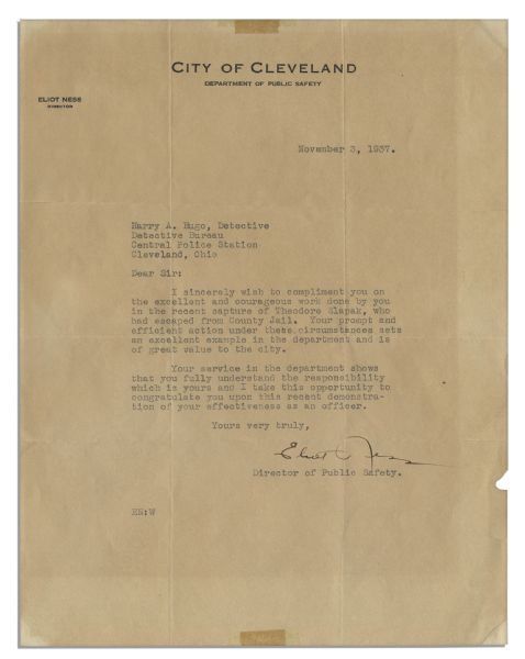 Prohibition Agent Eliot Ness Typed Letter Signed -- Regarding a Prisoner Escapee -- ''...excellent and courageous work done by you in the recent capture of Theodore Slapak...''