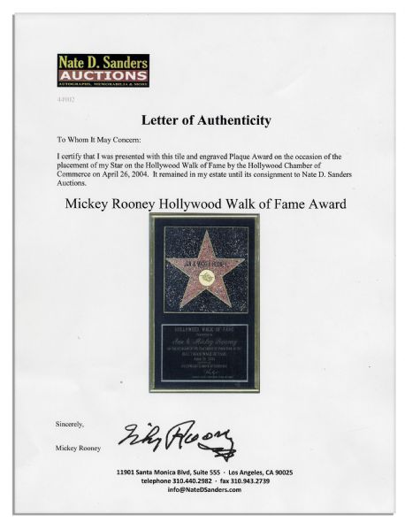 Mickey Rooney's Official Hollywood Walk of Fame Plaque --  With an LOA From Mickey Rooney