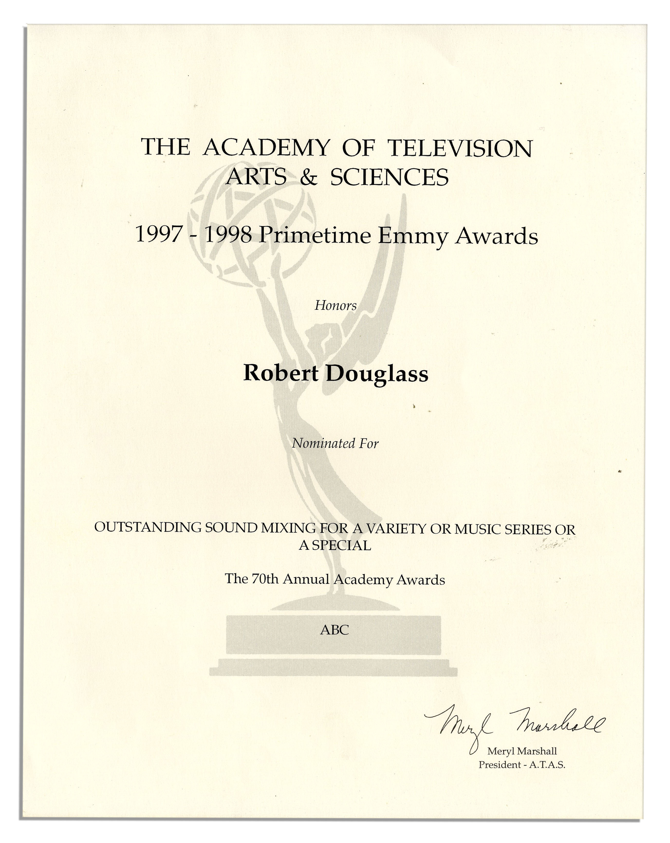 Lot Detail - Emmy Nomination Certificate From 1998