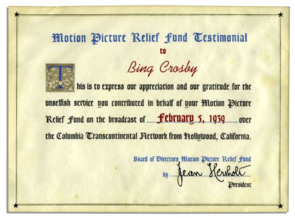 Bing Crosby's Appreciation Certificate from the Motion Picture Relief Fund in 1939