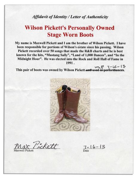 Italian Leather Boots Personally Owned by Rock and Roll Hall of Famer & Soul Signer Wilson Pickett -- With an LOA From His Brother