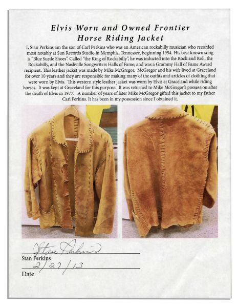 Elvis Presley Worn Custom Made Riding Jacket -- Worn Riding Horseback at Graceland -- With an LOA from the son of ''Blue Suede Shoes'' songwriter Carl Perkins, to Whom The Jacket Was Gifted