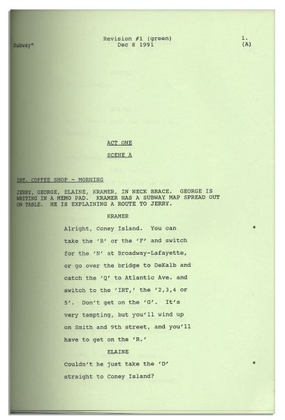 Vintage Script For ''Seinfeld'' Episode ''The Alternate Side'' From The Third Season -- Scarce Draft is a Revised Table Draft Issued to Production Team