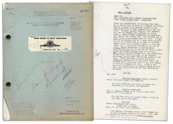 Script for ''Mrs. Miniver'' -- The WWII Drama That Won Greer Garson Her Best Actress Oscar, Also Winning Best Picture & Best Director -- With Hand Notations From MGM Writers