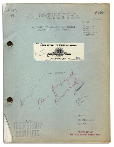 Script for ''Mrs. Miniver'' -- The WWII Drama That Won Greer Garson Her Best Actress Oscar, Also Winning Best Picture & Best Director -- With Hand Notations From MGM Writers