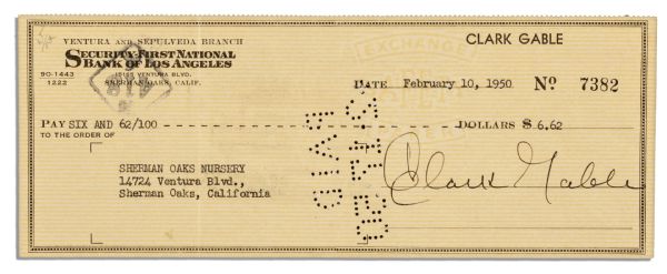 Clark Gable Check Signed From 1950