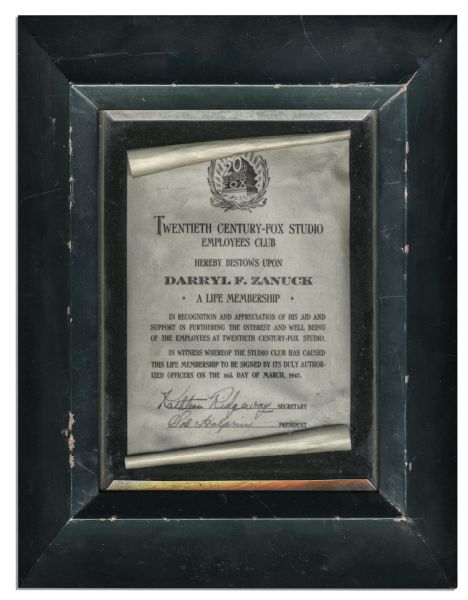 Twentieth Century Fox Studio Employees Club Life Membership Award Presented to Darryl F. Zanuck in 1947