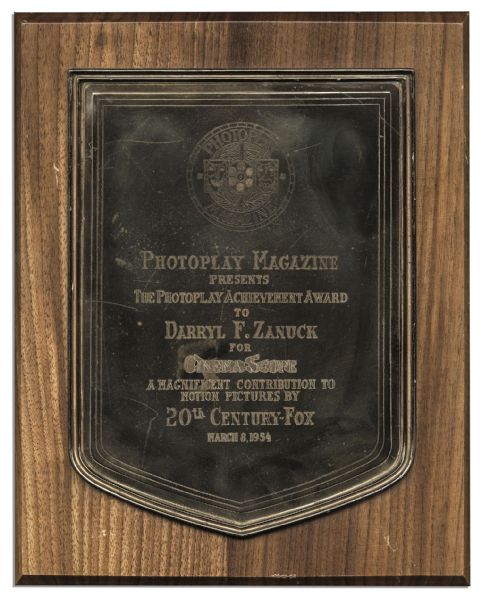 ''Photoplay Magazine'' Award Presented to Famed Studio Head Darryl F. Zanuck For 20th Century Fox's Pioneering Use of CinemaScope