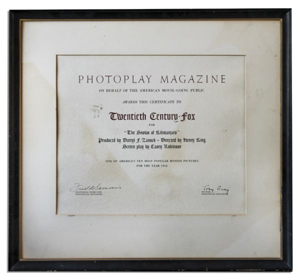 ''Photoplay Magazine'' Award Certificate Presented to Darryl F. Zanuck & 20th Century Fox For ''The Snows of Kilimanjaro''