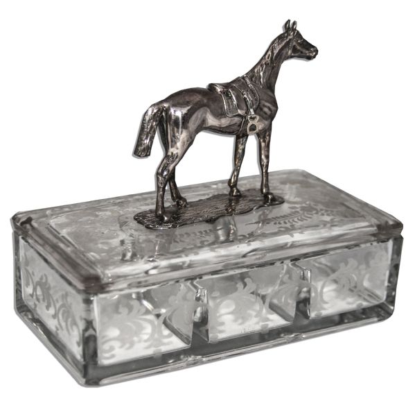 Avid Equestrian Darryl F. Zanuck's Personally Owned & Used Crystal Cigarette Box With Silver Horse Figure -- With an LOA From His Daughter -- Fine