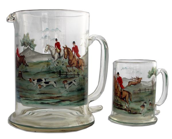 Darryl F. Zanuck's Personally Owned Hand-Painted Glass Water Pitcher & Mug Depicting a Dramatic Hunt Scene -- a Gift From Lana Turner & Tyrone Power -- With an LOA from Zanuck's Daughter