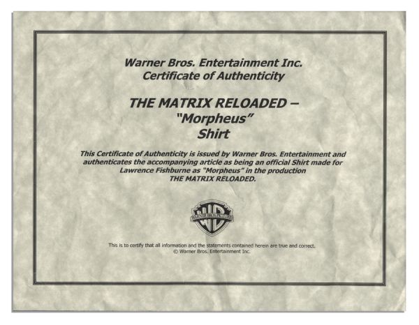 Laurence Fishburne Morpheus Wardrobe Ensemble From ''The Matrix: Reloaded'' -- With a COA From Warner Brothers for the Shirt