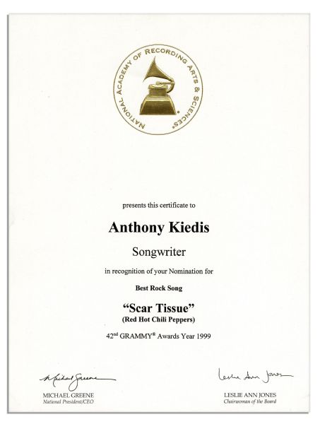 Grammy Award Nomination for Best Rock Song to Anthony Kiedis and the Red Hot Chili Peppers for ''Scar Tissue''