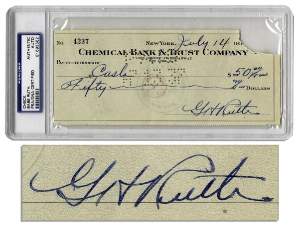 Babe Ruth Check Signed From 1937 -- PSA/DNA Encapsulated