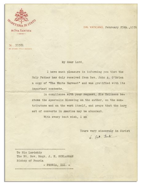 Pope Pius XII Typed Letter Signed