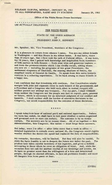 President John F. Kennedy's First State of the Union Address -- Original Document From the Office of the White House Secretary -- 1961