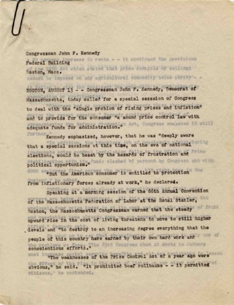 Rare 1952 Statement by Congressman John F. Kennedy on the Minimum Wage