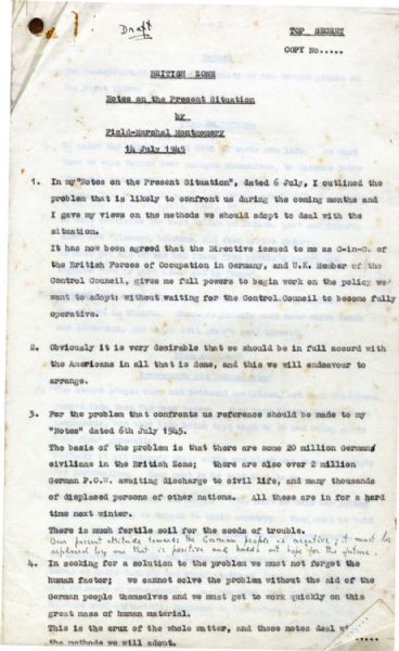 Top Secret'' Draft Signed by Bernard Montgomery in July 1945 -- With Numerous Hand-Edits by Montgomery Such as ''...allow conversation with adult Germans in the streets and in public places...''