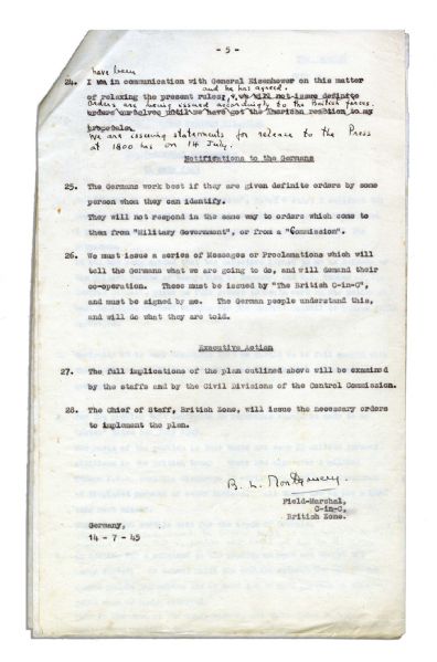 Top Secret'' Draft Signed by Bernard Montgomery in July 1945 -- With Numerous Hand-Edits by Montgomery Such as ''...allow conversation with adult Germans in the streets and in public places...''