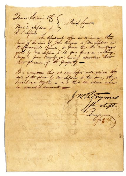 Confederate Statesman Judah Benjamin Document Signed -- ''...It is admitted that at and before and since the sale of the slaves...''