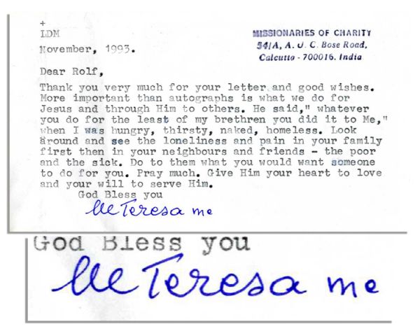 Mother Teresa Typed Letter Signed -- ''...Look around and see the loneliness and pain in your family first...''