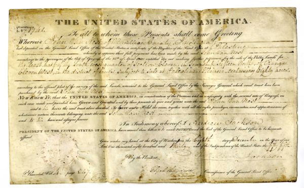 1830 President Andrew Jackson Land Grant Signed