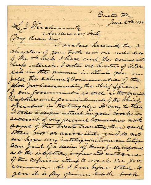 Abraham Lincoln Assassination Letter ''...you unfold the scheme of consummation of the plot for assassinating the chief officer of our government...''