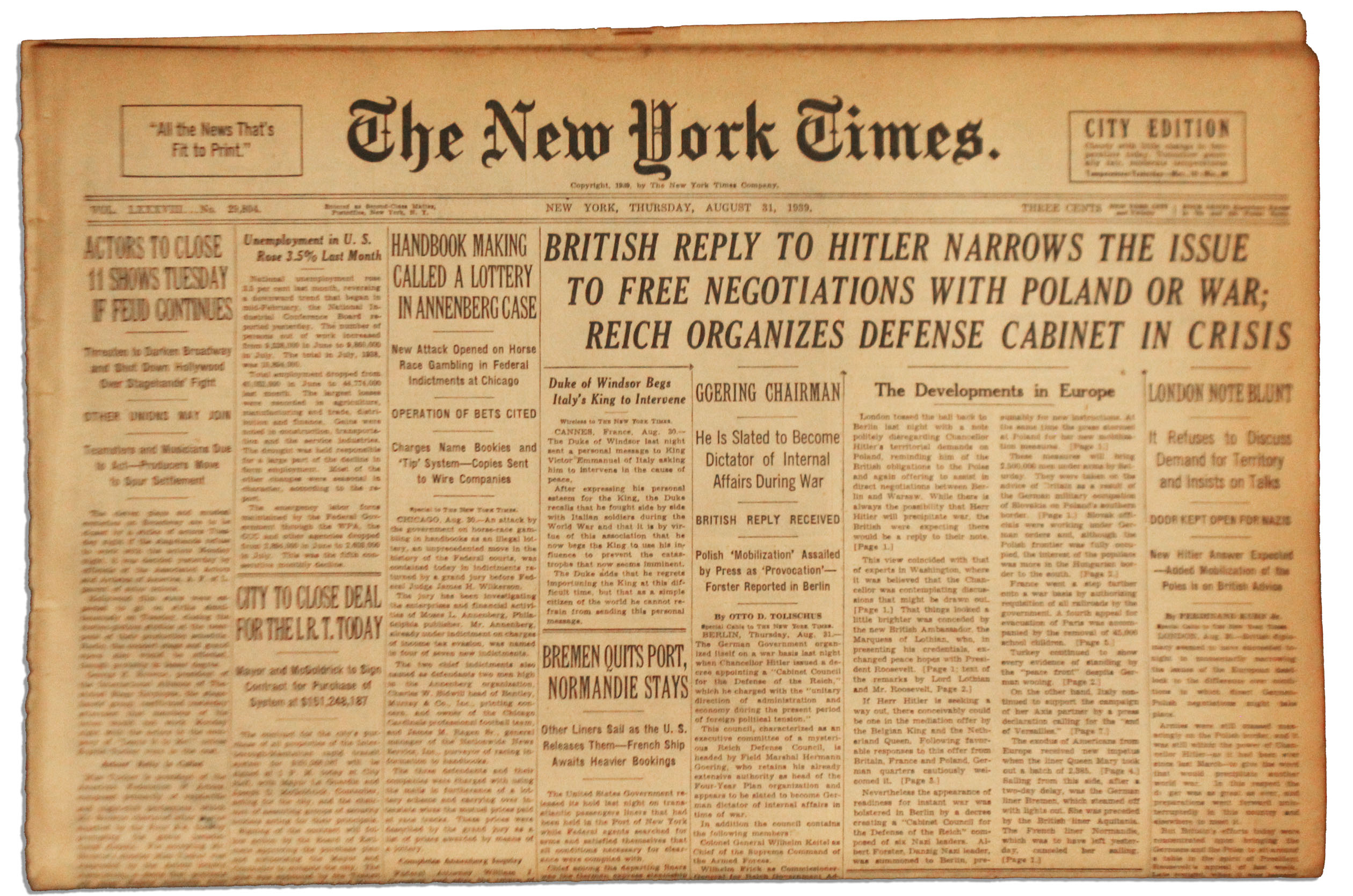Lot Detail The New York Times 31 August 1939 Newspaper The Day Before World War Ii