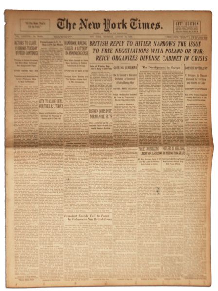 ''The New York Times'' 31 August 1939 Newspaper -- The Day Before World War II Began -- Headlines include: ''Reich Organizes Defense Cabinet in Crisis''