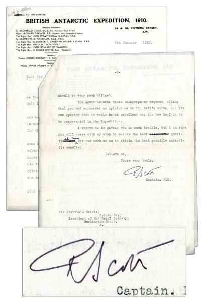 Robert Falcon Scott Typed Letter Signed on ''British Antarctic Expedition 1910'' Stationery Asking New Zealand to Overturn Its Refusal to Allow James Mackintosh-Bell From Joining Expedition