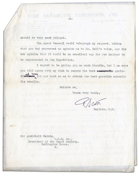 Robert Falcon Scott Typed Letter Signed on ''British Antarctic Expedition 1910'' Stationery Asking New Zealand to Overturn Its Refusal to Allow James Mackintosh-Bell From Joining Expedition