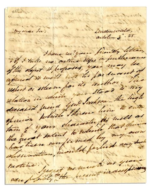 Declining to Forgo Retirement to Heal Divisiveness on Slavery, Martin Van Buren Writes in 1855:  ''...I regret...the present inauspicious condition of the country, upon the slave subject...''